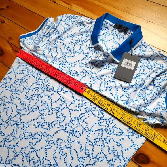 New G Fore Polo Shirt Mens Medium Blue Geometric Performance Stretch Preppy USA - Picture 8 of 11